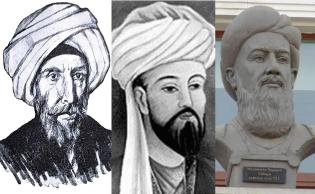 من اليمين: الإمام محمد بن جرير الطبري، الفيلسوف أبوعلي الخازن أحمد الملقب مسكويه، الفيلسوف عبدالرحمن ابن خلدون