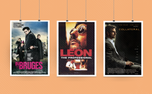 من اليمين، ملصقات أفلام: «Collateral»، «Léon»، و «In Bruges».