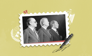 من اليمين: رئيس مصر الأسبق محمد أنور السادات، رئيس الولايات المتحدة الأمريكية الأسبق جيمي كارتر، رئيس وزراء إسرائيل الأسبق مناحم بيجن