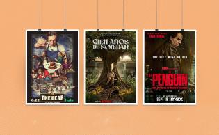 من اليسار، ملصقات مسلسلات:  «The Bear»، «100 years of solitude»، «The Penguin»