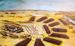 صورة تعبيرية (لوحة توضح موقع معسكر الإمام الحسين وجيش عمر بن سعد في معركة كربلاء)